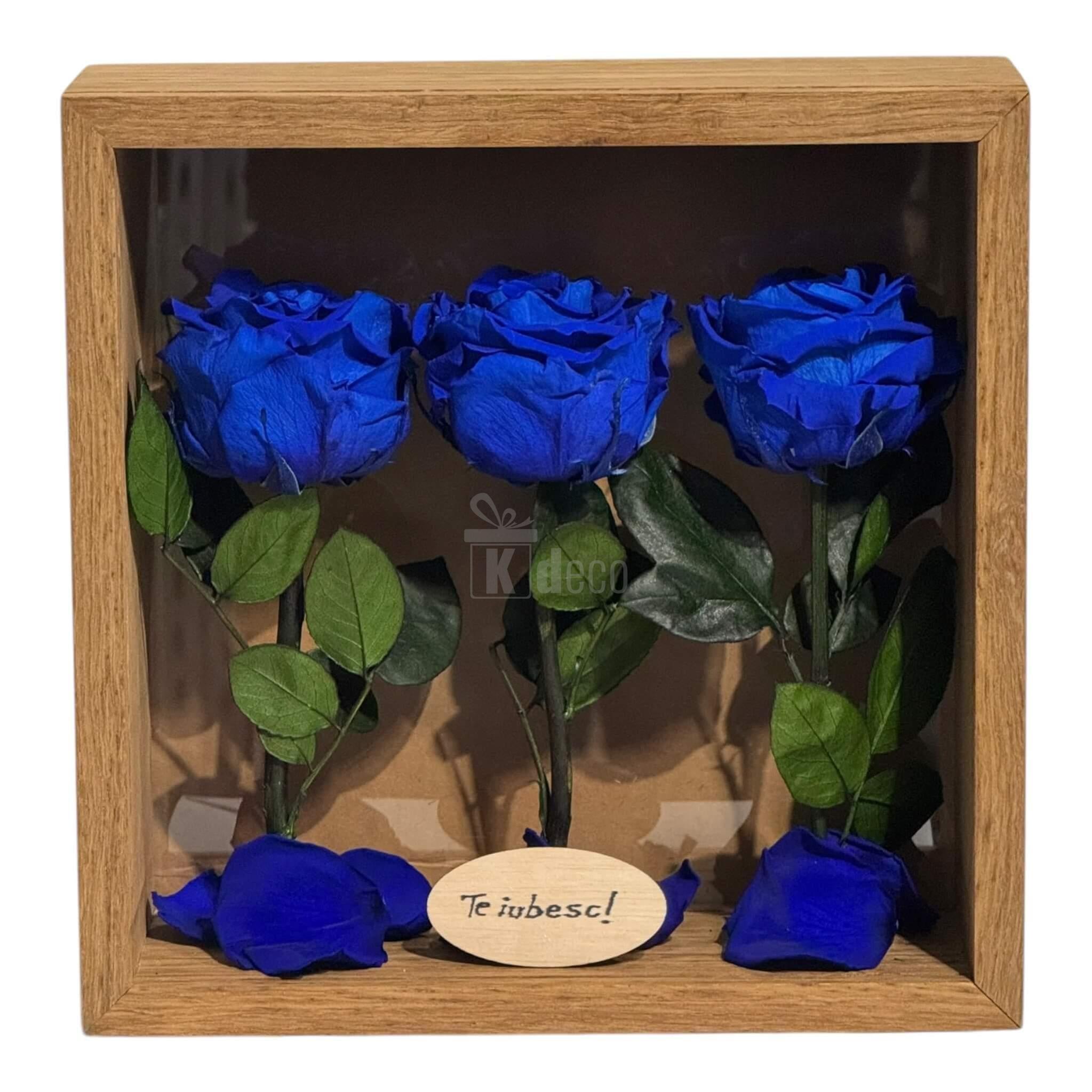 Tablou romantic cu trandafiri criogenați albaștri și mesaj special, decor de perete premium pentru casă sau birou.