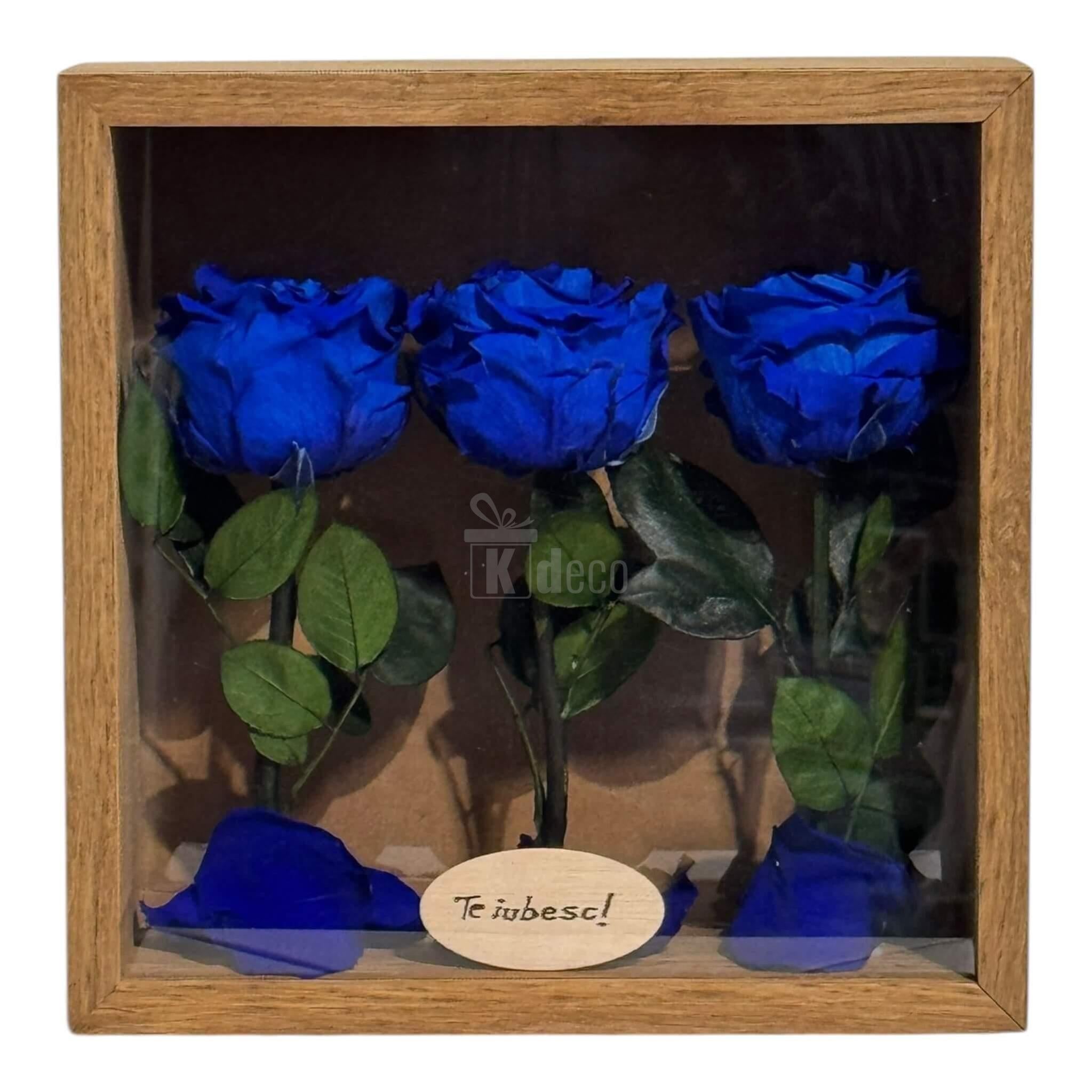 Tablou Personalizat cu 3 Trandafiri Criogenați Albaștri și Mesaj Special – 27x27 cm, decor floral de lux pentru iubire și eleganță.