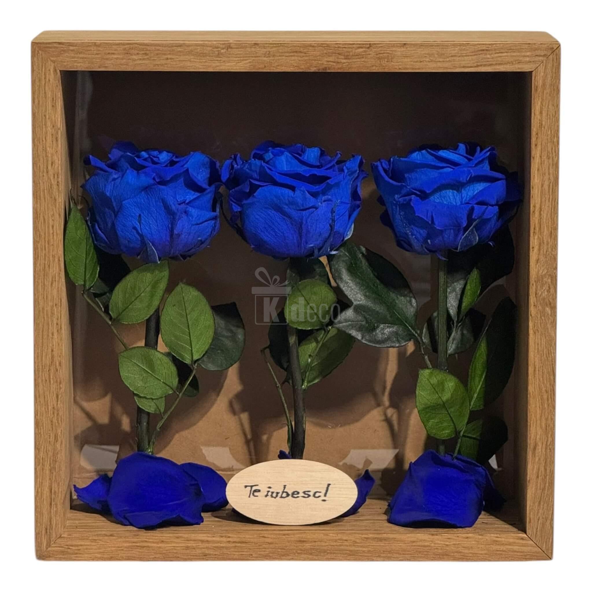 Tablou Personalizat cu 3 Trandafiri Criogenați Albaștri și Mesaj Special – 27x27 cm, decor romantic cu flori naturale conservate în ramă din lemn.