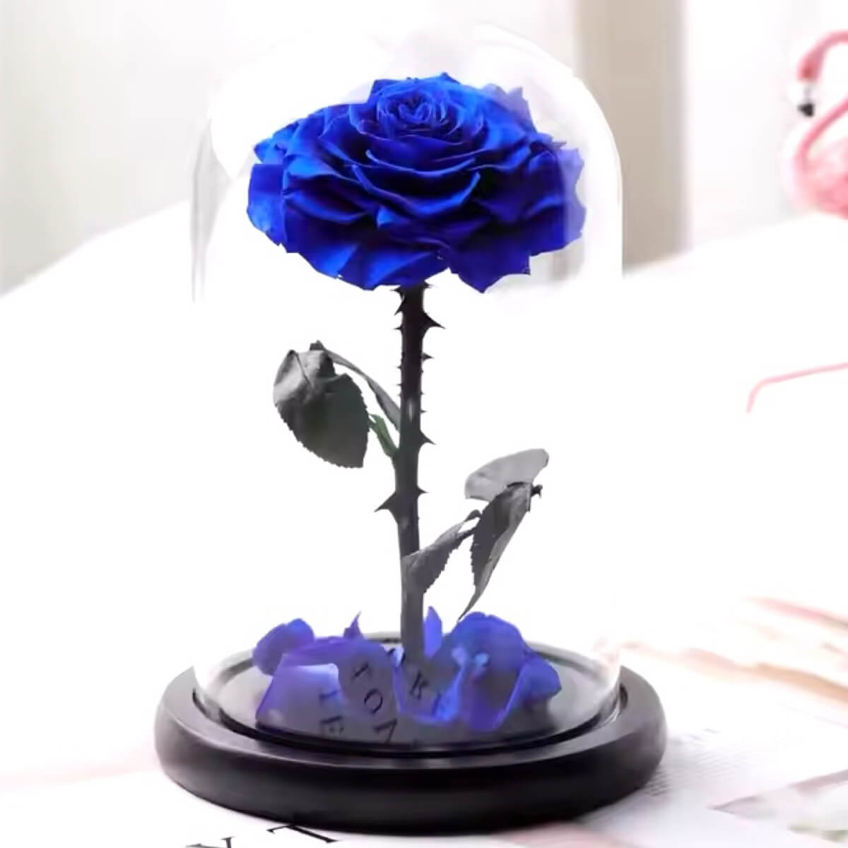 Trandafir Criogenat Albastru Bonita în cupolă de sticlă cu mesaj personalizat, decor elegant și cadou romantic de durată până la 25 de ani.