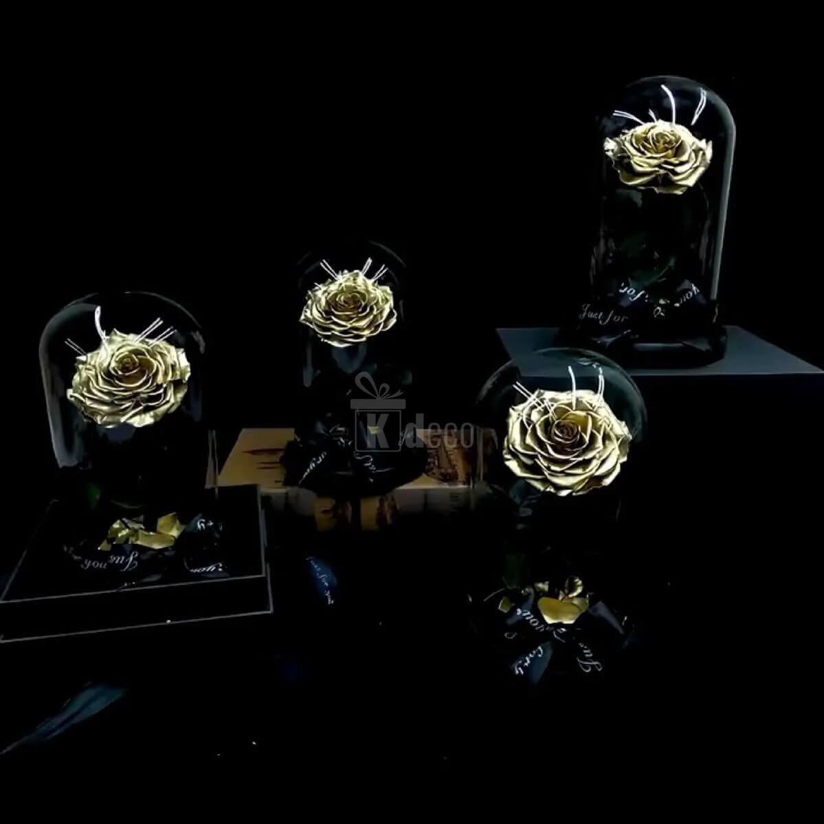 Trandafir Criogenat Auriu XXL în Cupola Elegantă de Sticlă Ø9,5cm - Cadou Nemuritor - Kdeco.ro