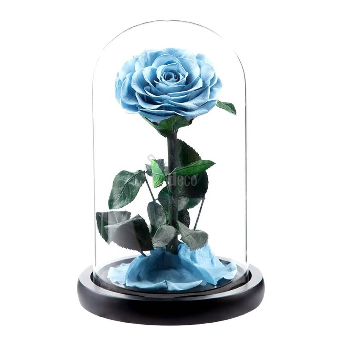 Trandafir Criogenat Etern Bonita Bleu în cupolă de sticlă Ø9,5cm pe suport din lemn, decor cadou elegant și durabil până la 25 de ani.