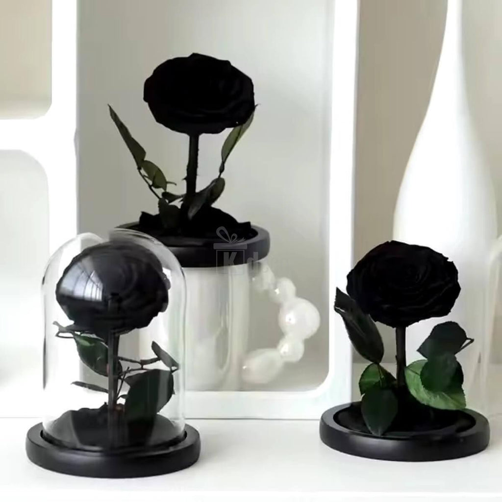 Trandafir Criogenat Negru de Lux în Cupolă de Sticlă cu Mesaj Personalizat - Kdeco.ro