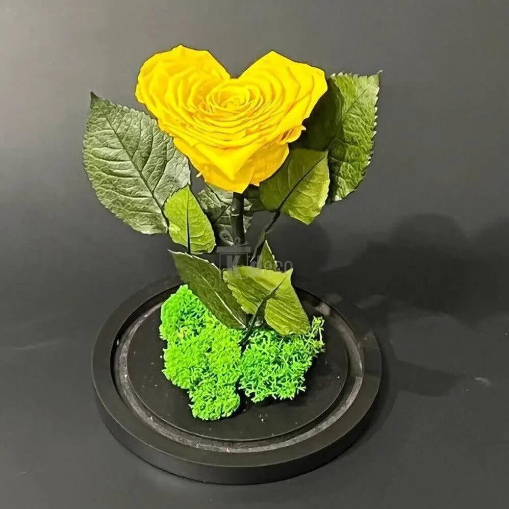 Trandafir Criogenat Nemuritor Galben în Formă de Inimă cu Cupolă din Sticlă Ø9cm - Cadou Ideal pentru Orice Ocazie - Kdeco.ro