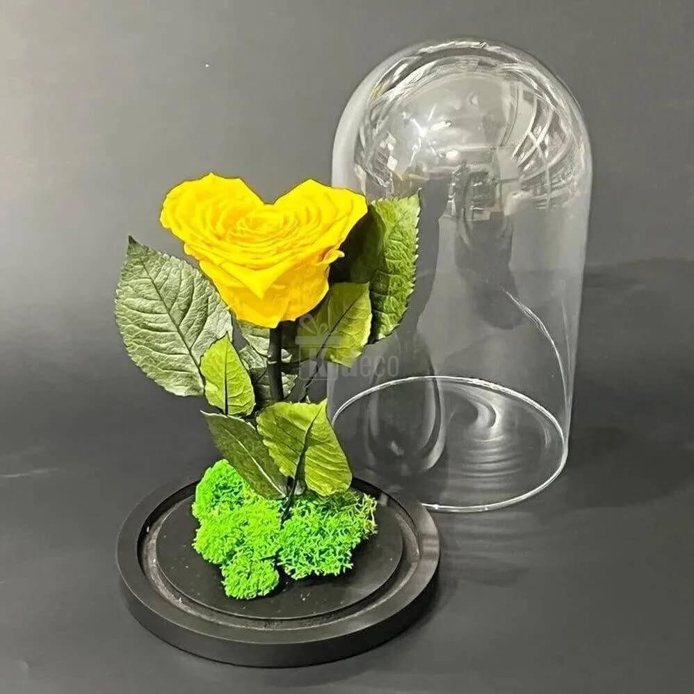 Trandafir Criogenat Nemuritor Galben în Formă de Inimă cu Cupolă din Sticlă Ø9cm - Cadou Ideal pentru Orice Ocazie - Kdeco.ro