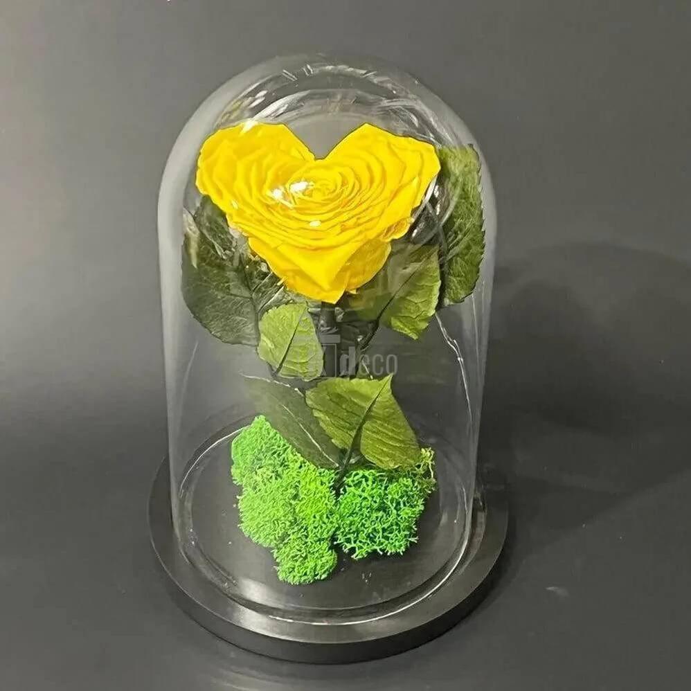 Trandafir Criogenat Nemuritor Galben în Formă de Inimă cu Cupolă din Sticlă Ø9cm - Cadou Ideal pentru Orice Ocazie - Kdeco.ro