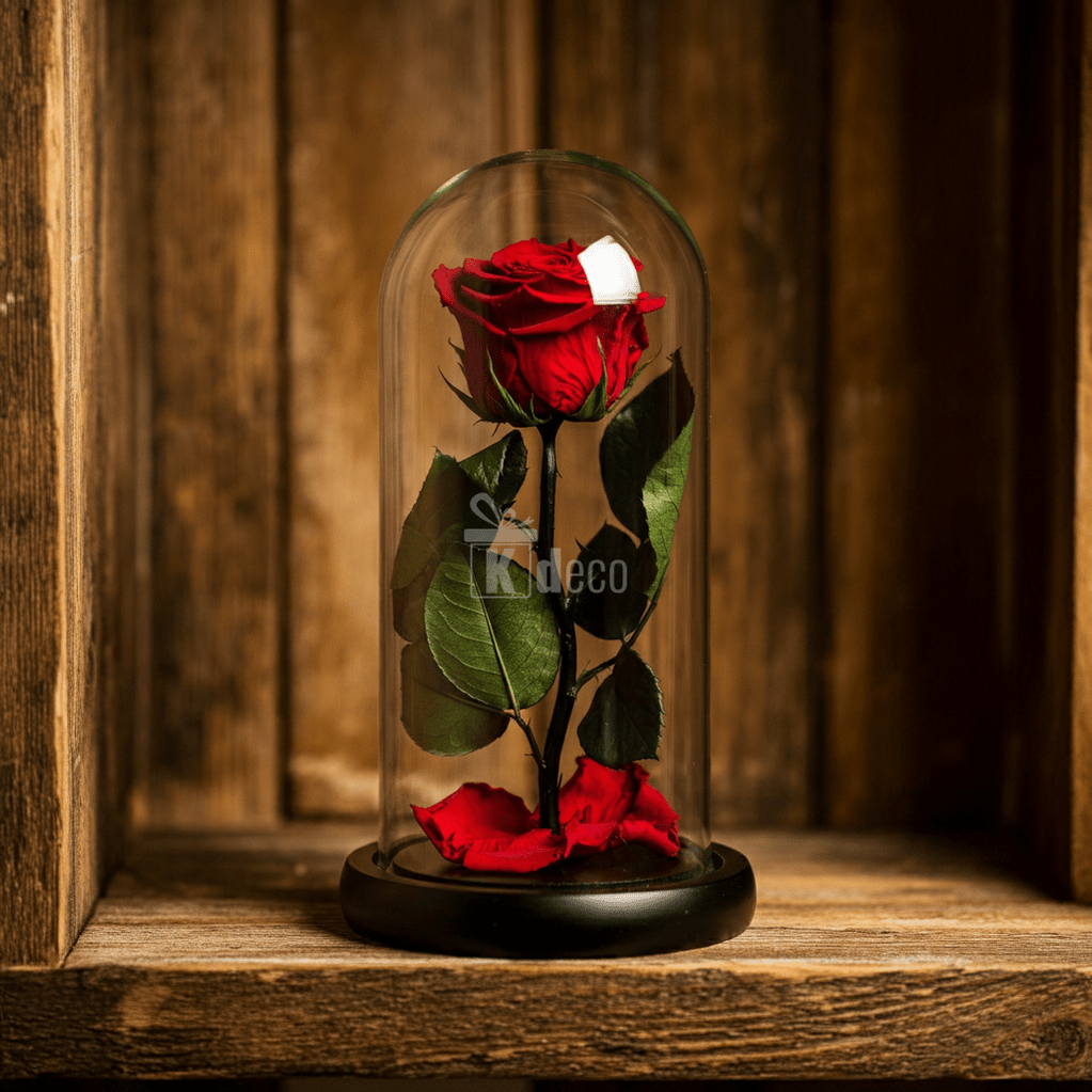 Trandafir Criogenat Roșu cu Mesaj Personalizat în Cupolă Elegantă, așezat pe suport de lemn, ideal ca decor romantic sau cadou nemuritor.