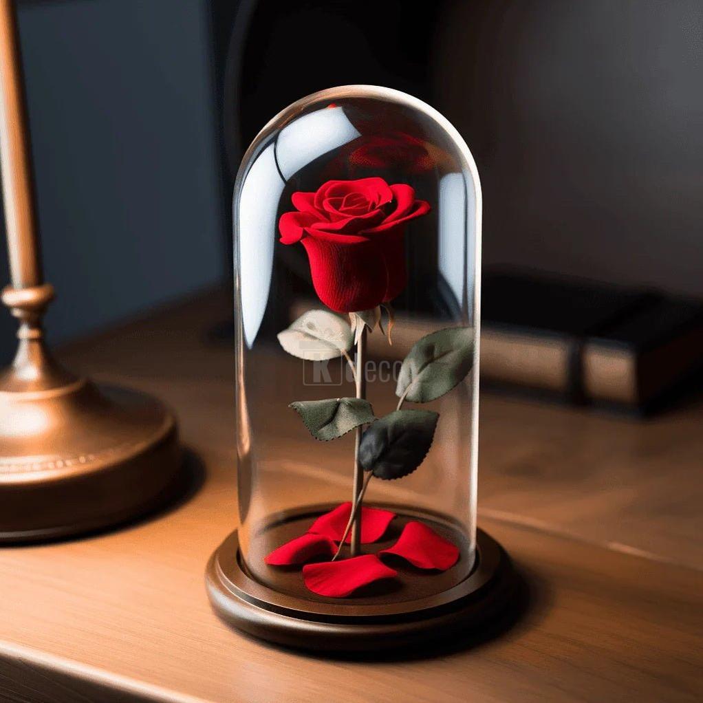 Trandafir Criogenat Roșu Ø6,5cm în Cupolă Elegantă de Sticlă 12x25cm - Kdeco.ro