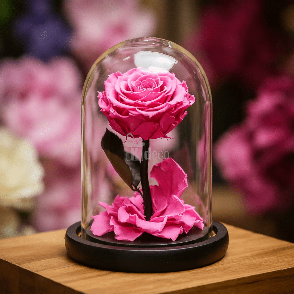 Trandafir Criogenat Roz Pal în cupolă de sticlă elegantă pe suport din lemn, ideal ca decor romantic sau cadou premium pentru femei.