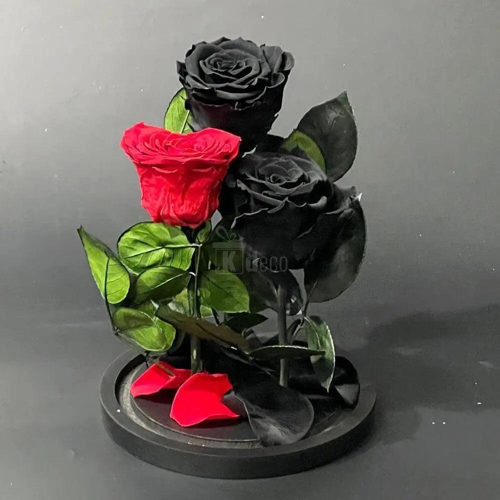 Aranjament floral cu 2 trandafiri criogenati negri și 1 roșu în formă de inimă, fără cupolă, perfect pentru ocazii romantice și cadouri elegante.