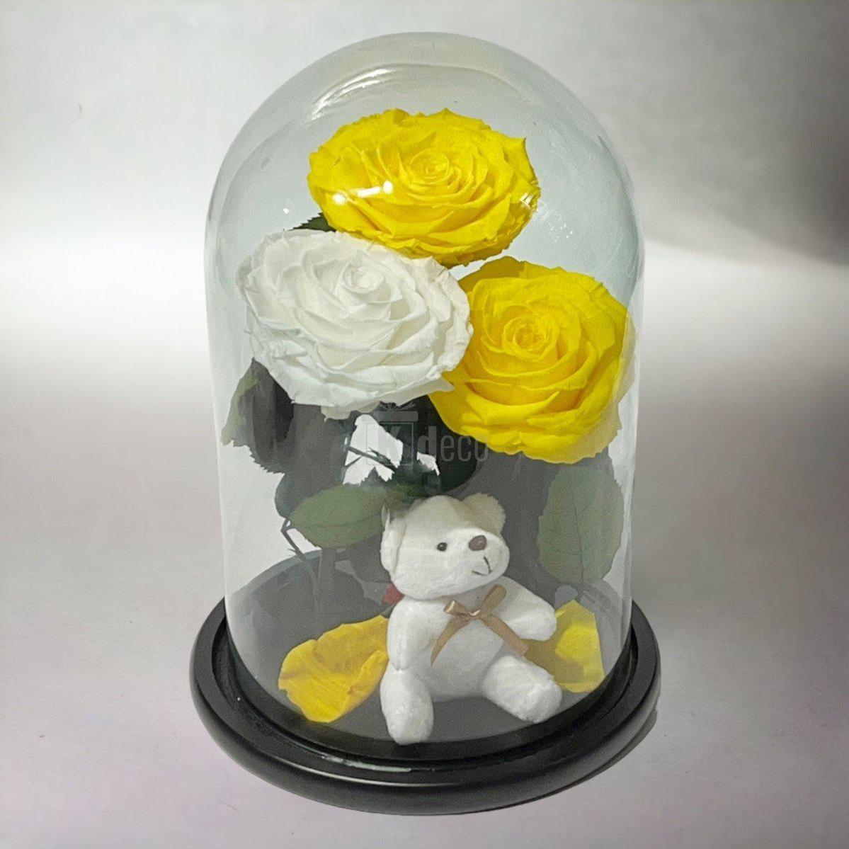 3 Trandafiri Criogenati mari (2 galbeni si 1 alb) in cupola sticla cu ursulet-Kdeco.ro