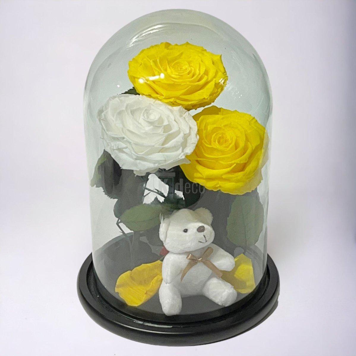3 Trandafiri Criogenati mari (2 galbeni si 1 alb) in cupola sticla cu ursulet-Kdeco.ro