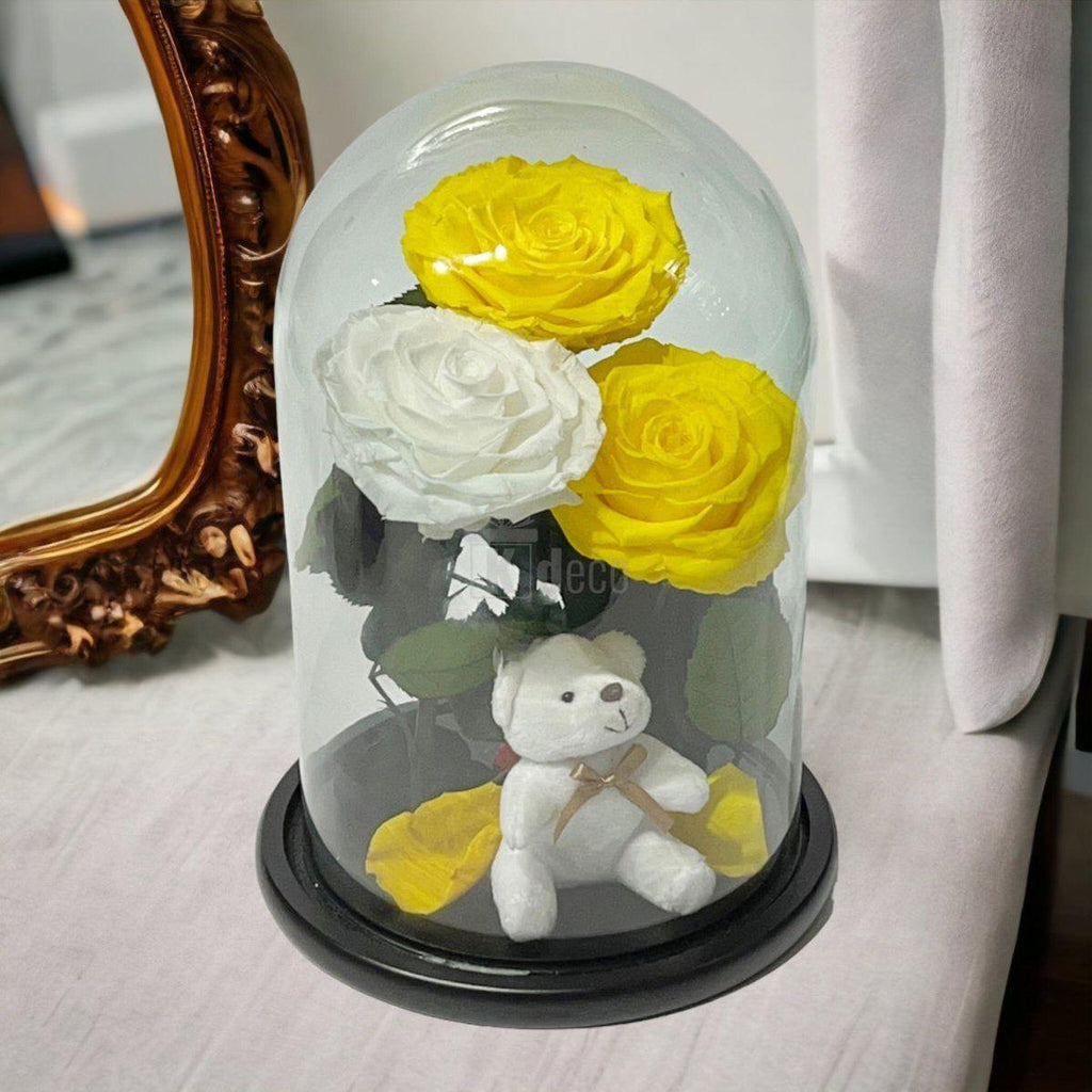 3 Trandafiri Criogenati mari (2 galbeni si 1 alb) in cupola sticla cu ursulet-Kdeco.ro