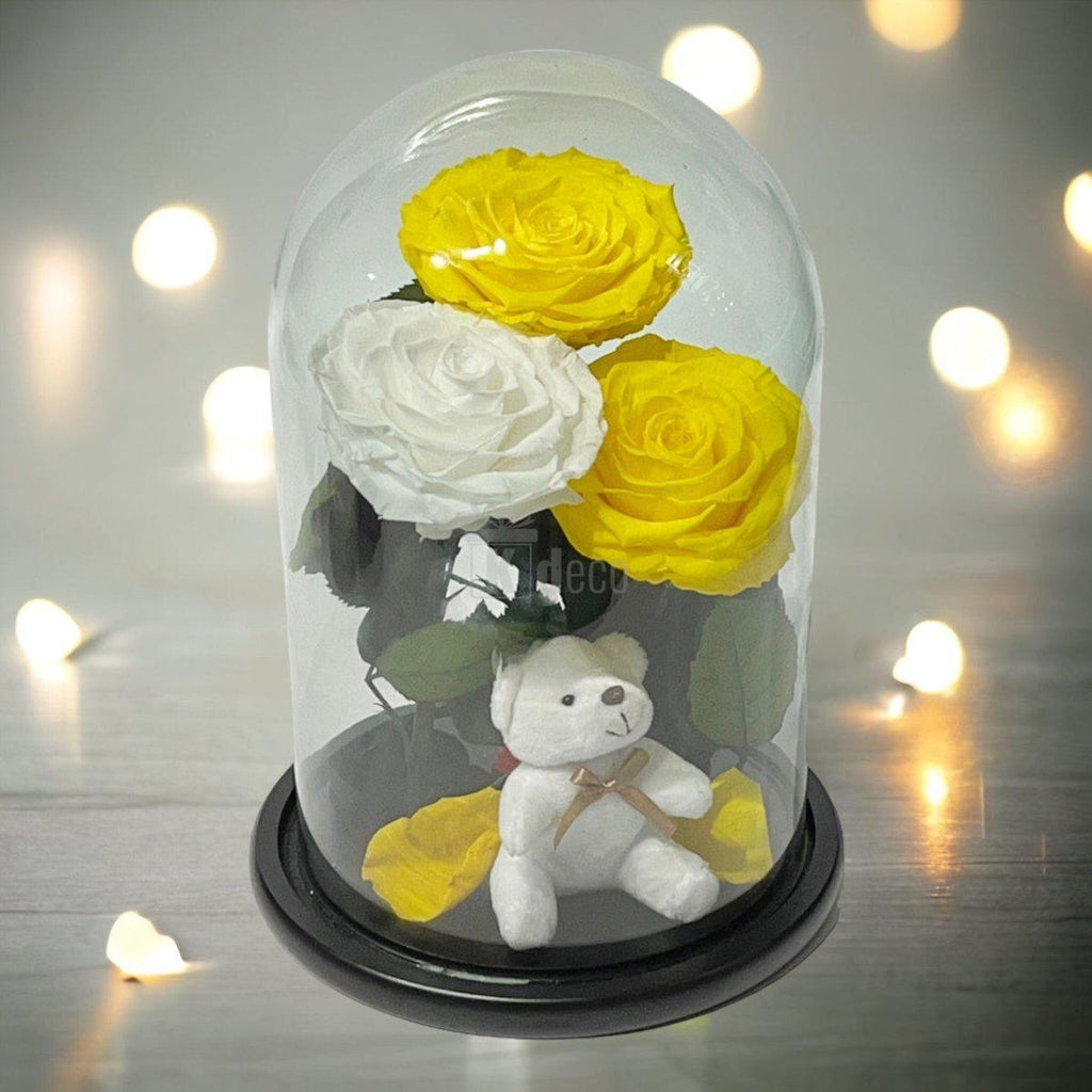 3 Trandafiri Criogenati mari (2 galbeni si 1 alb) in cupola sticla cu ursulet-Kdeco.ro