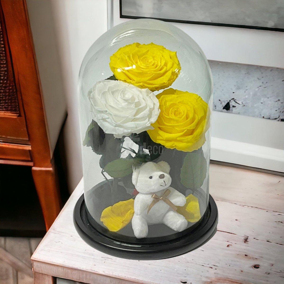 3 Trandafiri Criogenati mari (2 galbeni si 1 alb) in cupola sticla cu ursulet-Kdeco.ro