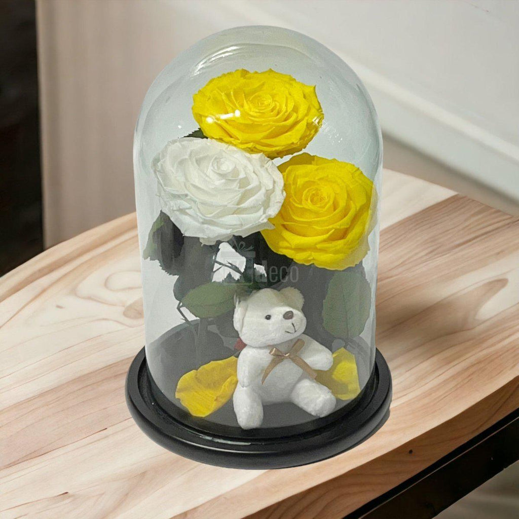 3 Trandafiri Criogenati mari (2 galbeni si 1 alb) in cupola sticla cu ursulet-Kdeco.ro
