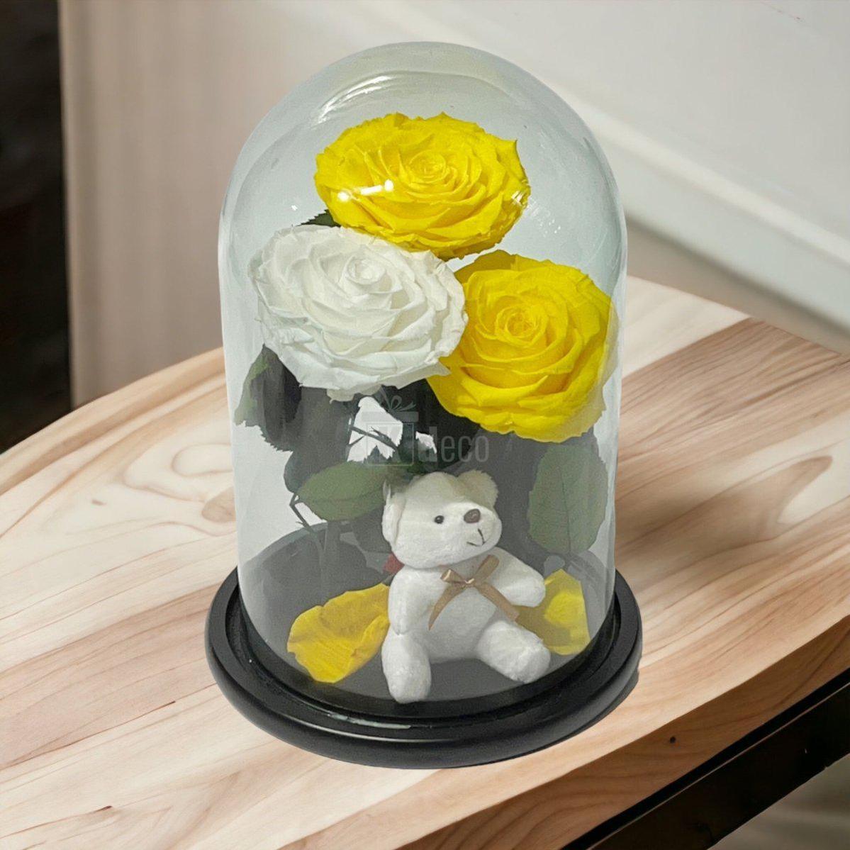 3 Trandafiri Criogenati mari (2 galbeni si 1 alb) in cupola sticla cu ursulet-Kdeco.ro