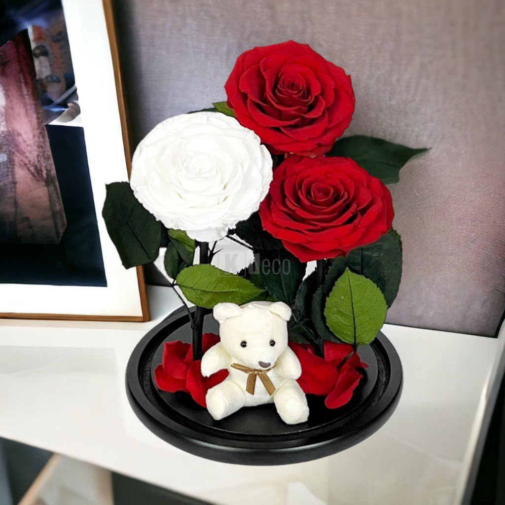 3 Trandafiri Criogenati mari (2 rosii si 1 alb) in cupola sticla-Kdeco.ro