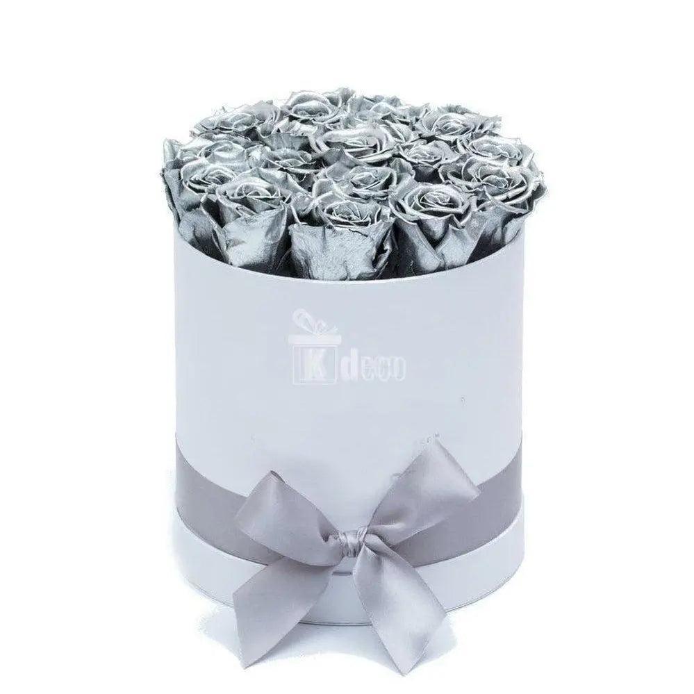 Cutie Ø17cm cu Trandafiri Criogenati XL argintii Ø6,5cm - Kdeco.ro