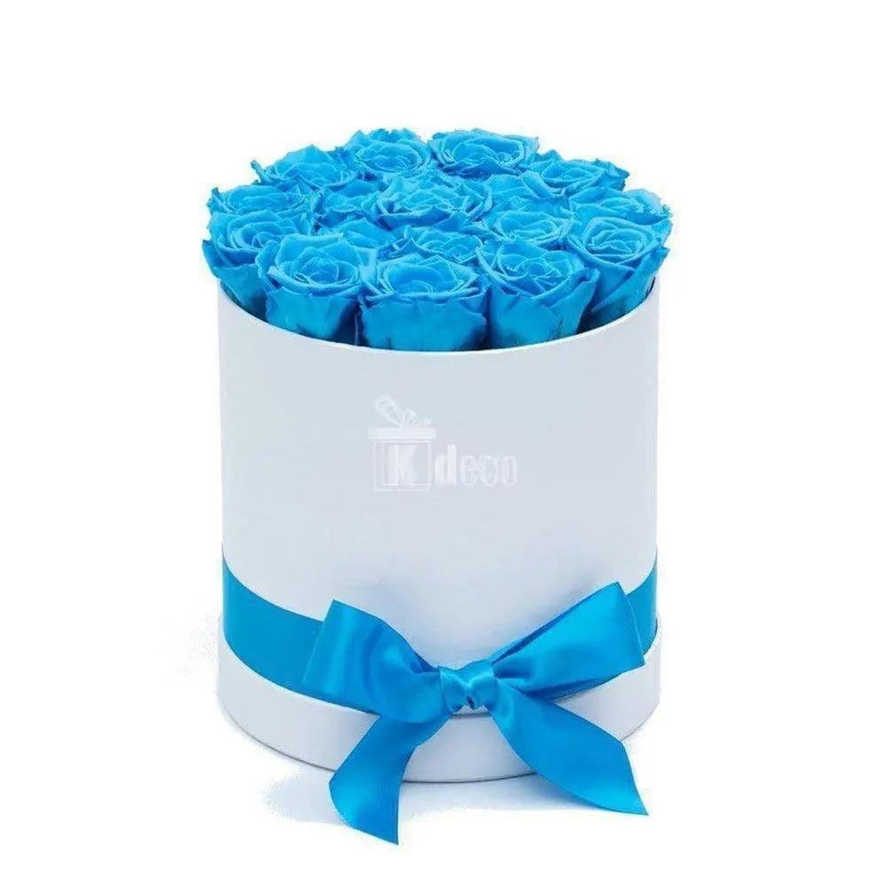 Cutie Ø17cm cu Trandafiri Criogenati XL bleu Ø6,5cm, cadou - Kdeco.ro