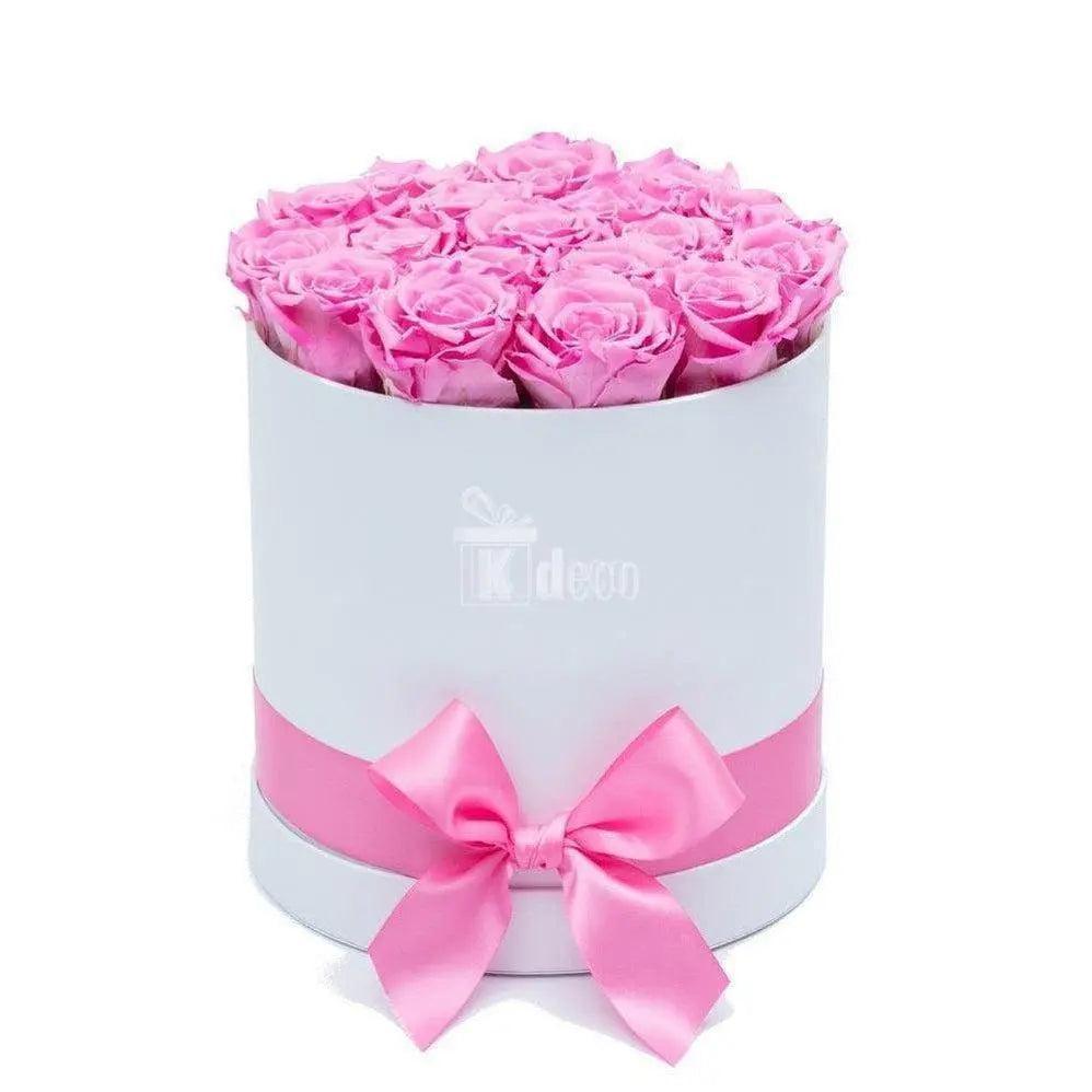 Cutie Ø17cm cu Trandafiri Criogenati XL roz Ø6,5cm, cadou - Kdeco.ro