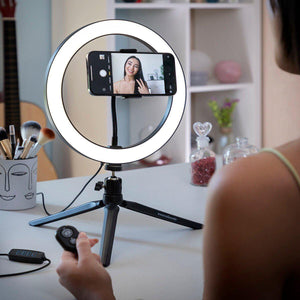 Inel luminos pentru selfie cu trepied și telecomandă Youaro InnovaGoods, Ø26cm, 120 LED, 3 moduri iluminare, 10 nivele intensitate, negru - Kdeco.ro