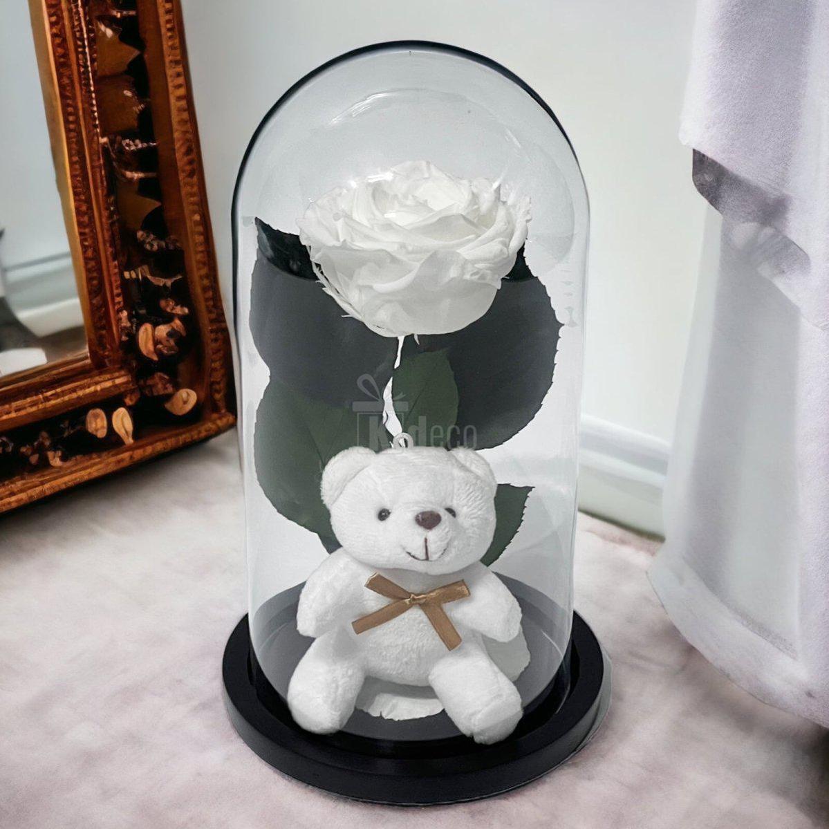 Trandafir Criogenat Premium Alb 8cm in Cupola de Sticla cu Ursulet - Kdeco.ro