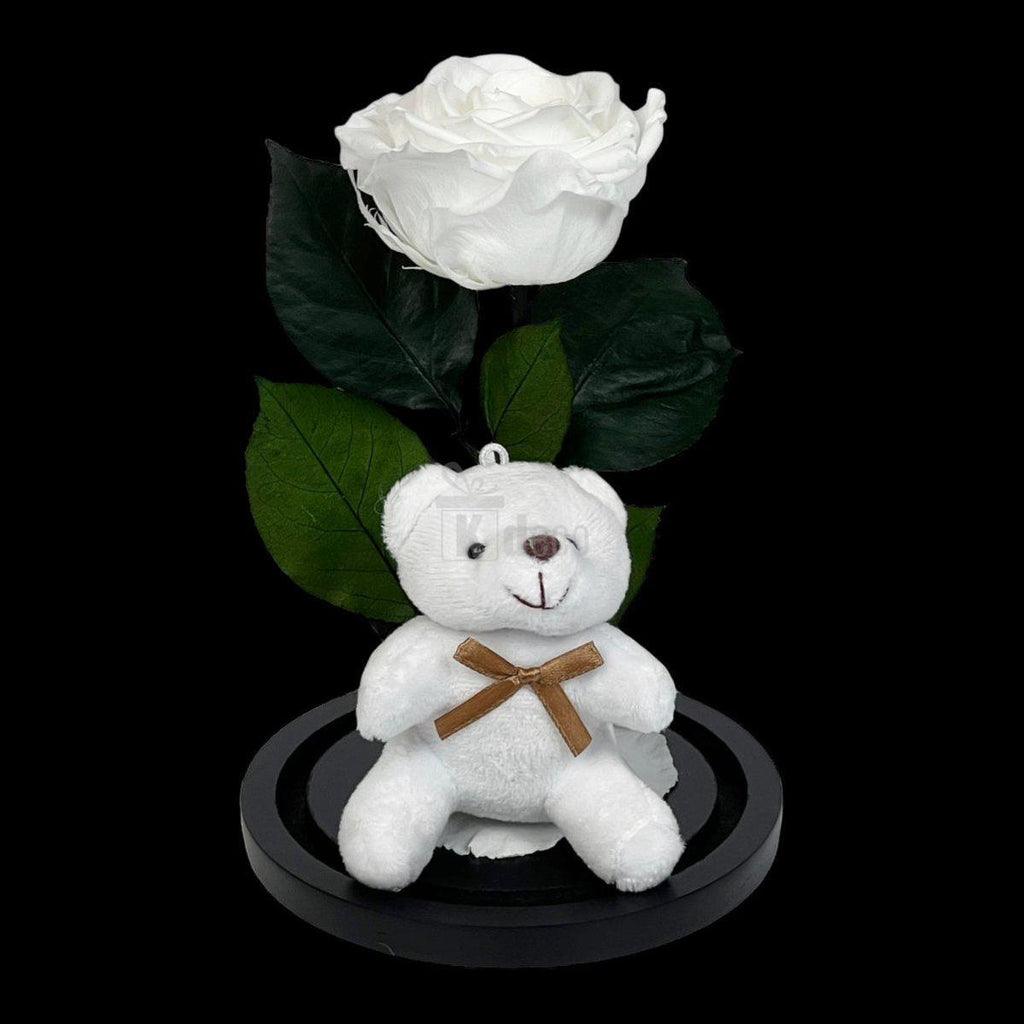 Trandafir Criogenat Premium Alb 8cm in Cupola de Sticla cu Ursulet - Kdeco.ro