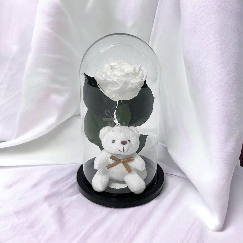 Trandafir Criogenat Premium Alb 8cm in Cupola de Sticla cu Ursulet - Kdeco.ro