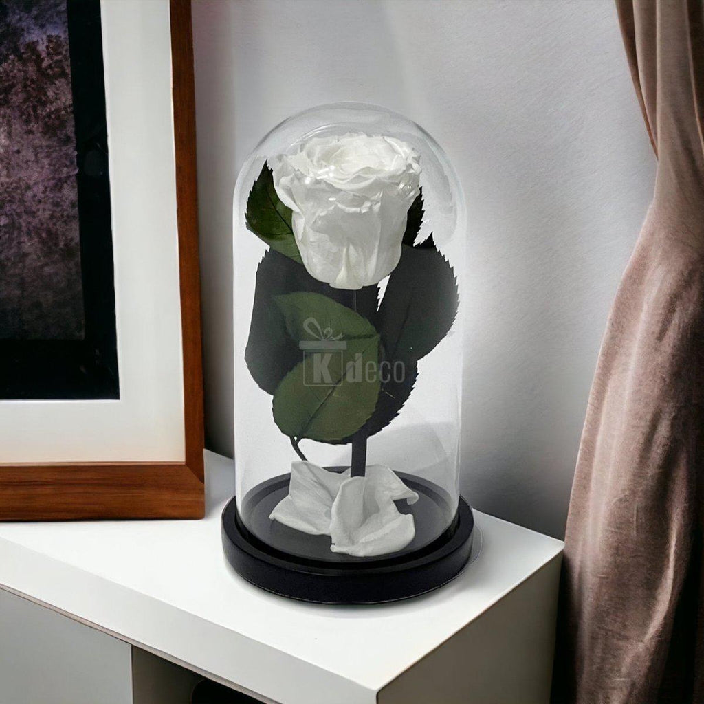 Trandafir Criogenat Alb în Cupolă de Sticlă 10x20cm - Mesaj Personalizat Inclus - Kdeco.ro