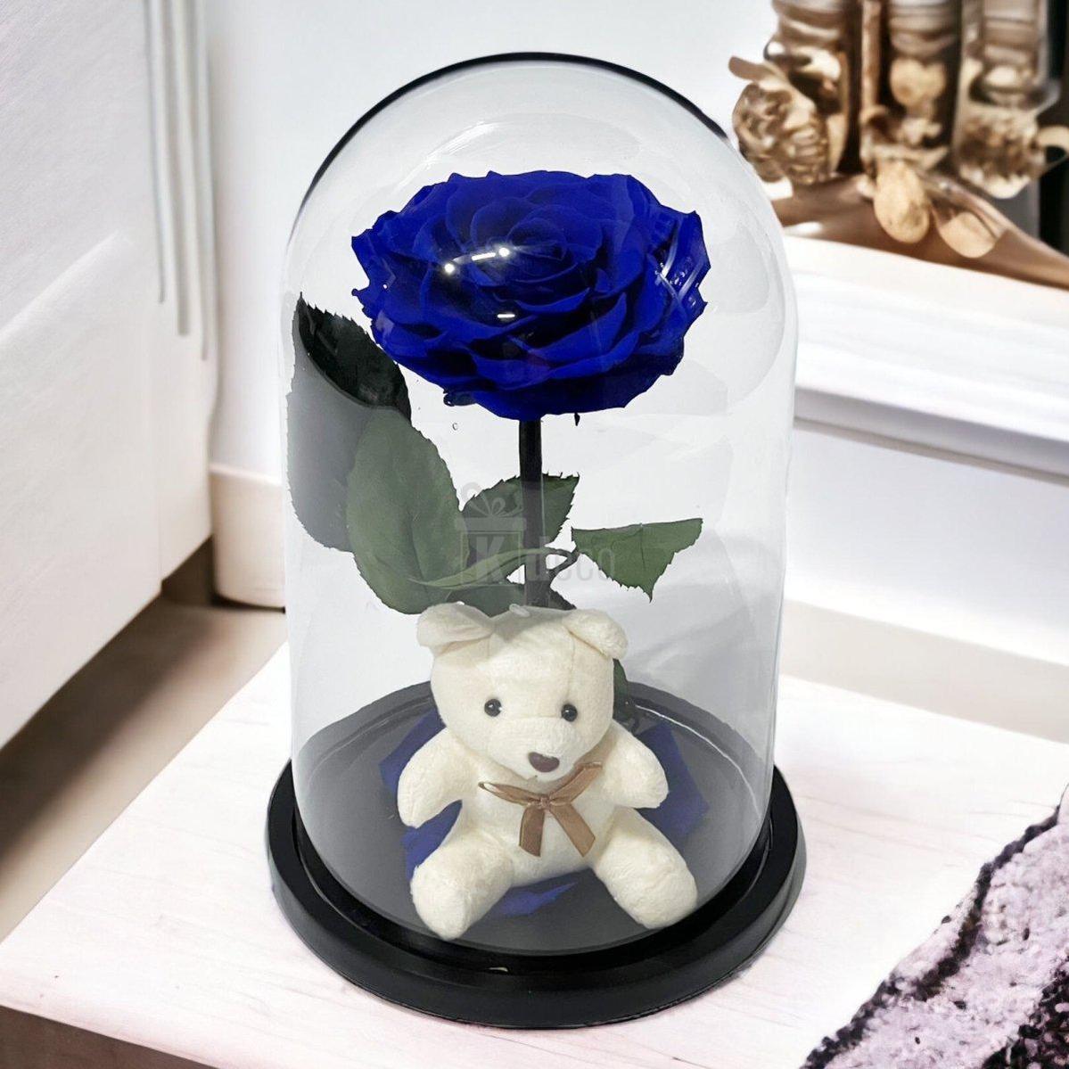 Trandafir Criogenat Nemuritor Bonita Albastru 9-9.5cm in Cupola 15x25cm cu Ursulet - Kdeco.ro
