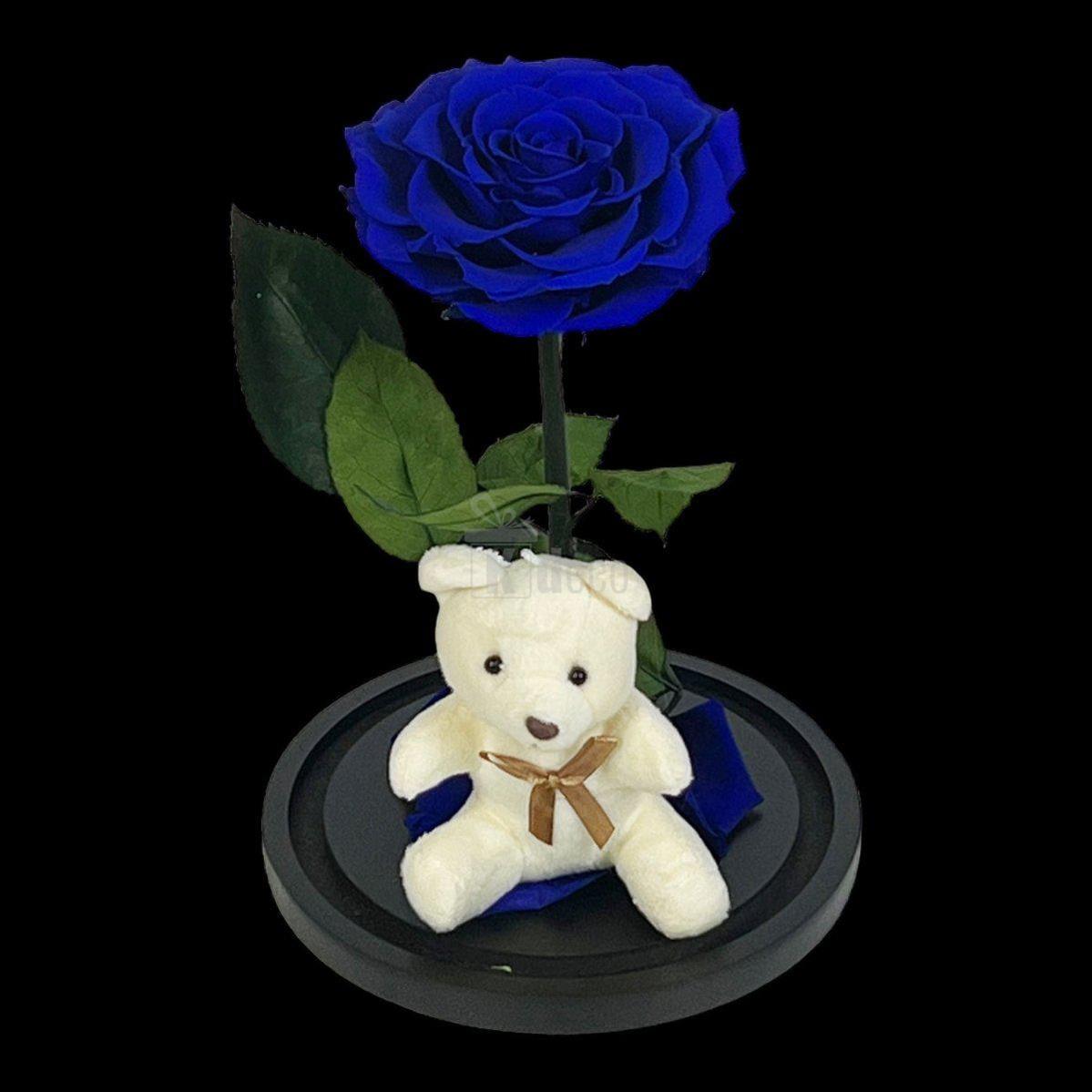 Trandafir Criogenat Nemuritor Bonita Albastru 9-9.5cm in Cupola 15x25cm cu Ursulet - Kdeco.ro