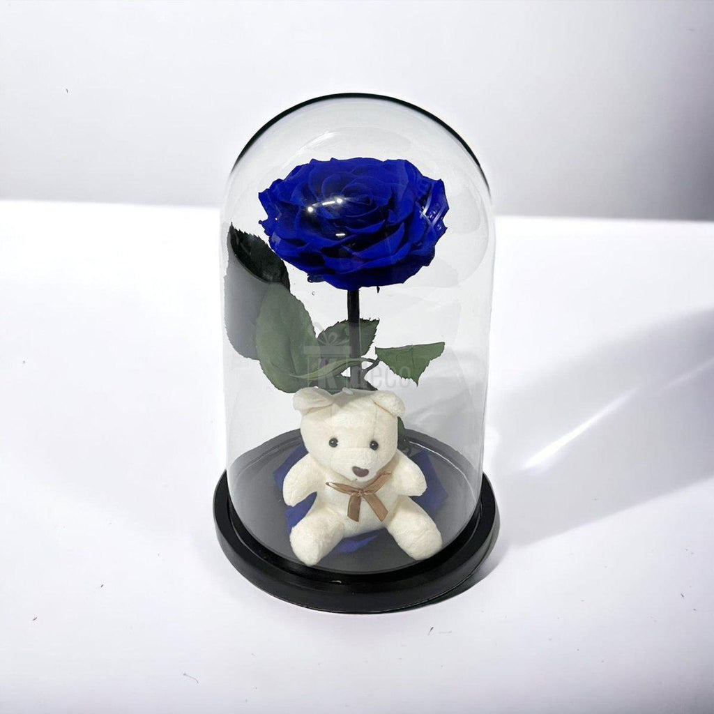 Trandafir Criogenat Nemuritor Bonita Albastru 9-9.5cm in Cupola 15x25cm cu Ursulet - Kdeco.ro