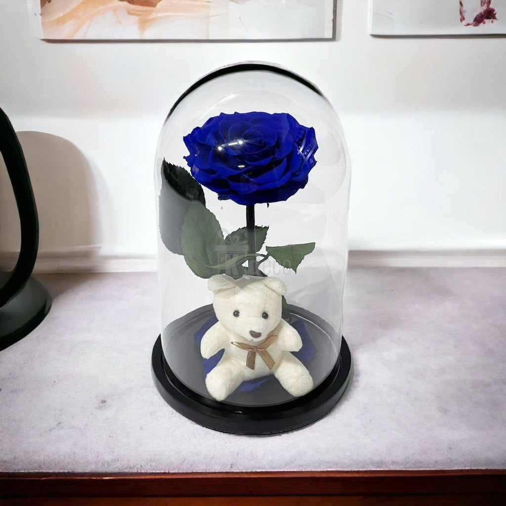 Trandafir Criogenat Nemuritor Bonita Albastru 9-9.5cm in Cupola 15x25cm cu Ursulet - Kdeco.ro