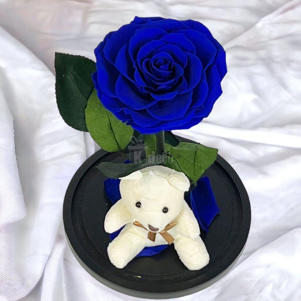 Trandafir Criogenat Nemuritor Bonita Albastru 9-9.5cm in Cupola 15x25cm cu Ursulet - Kdeco.ro