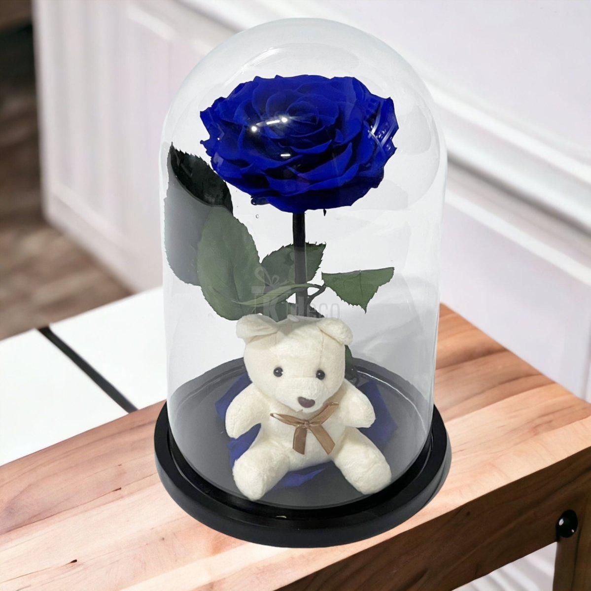 Trandafir Criogenat Nemuritor Bonita Albastru 9-9.5cm in Cupola 15x25cm cu Ursulet - Kdeco.ro