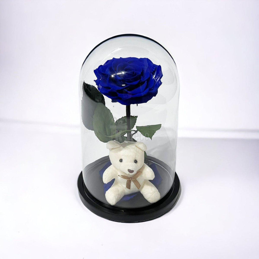 Trandafir Criogenat Nemuritor Bonita Albastru 9-9.5cm in Cupola 15x25cm cu Ursulet - Kdeco.ro