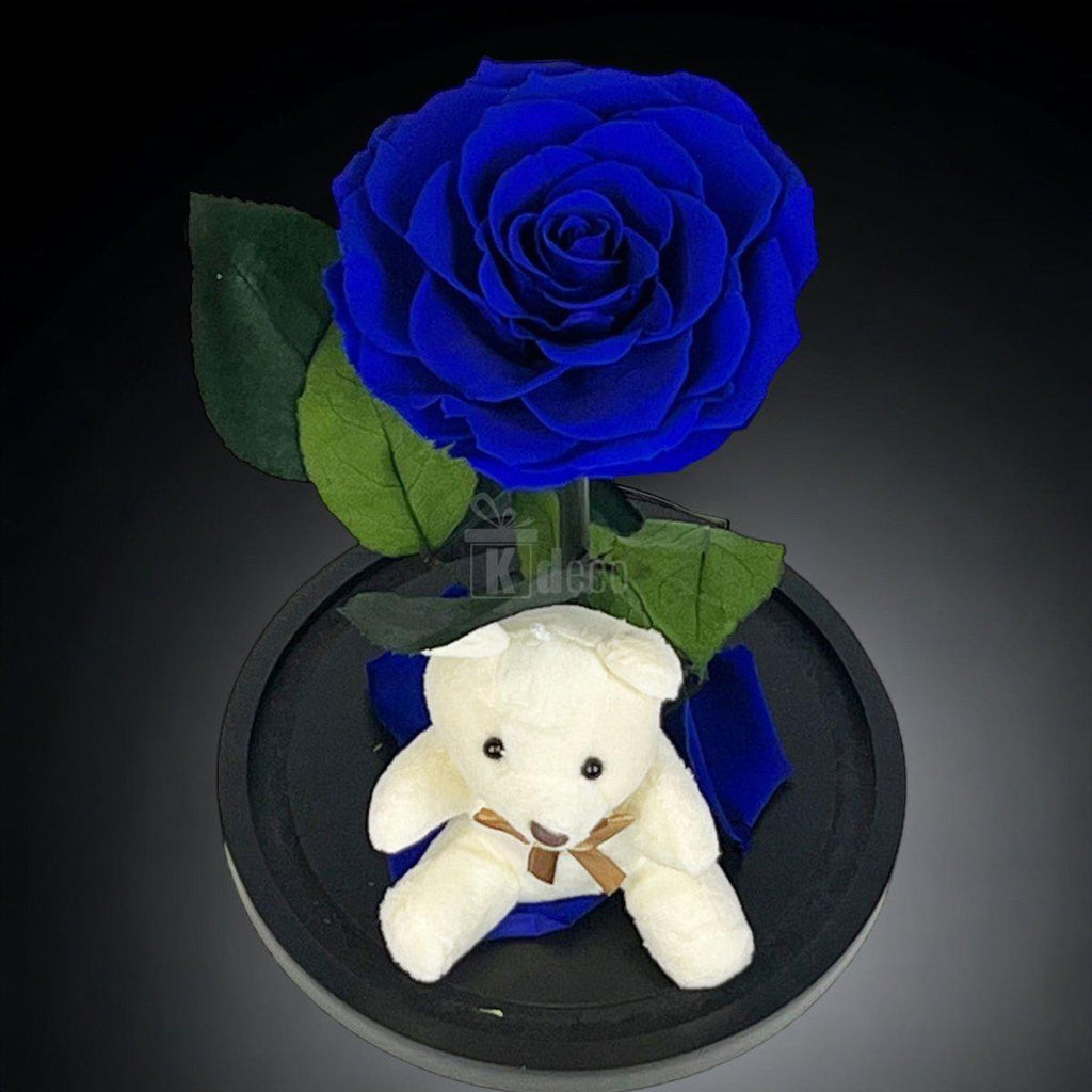Trandafir Criogenat Nemuritor Bonita Albastru 9-9.5cm in Cupola 15x25cm cu Ursulet - Kdeco.ro