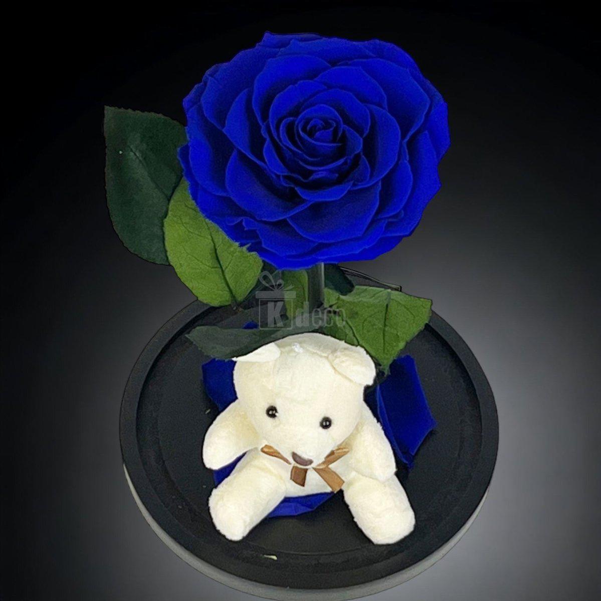 Trandafir Criogenat Nemuritor Bonita Albastru 9-9.5cm in Cupola 15x25cm cu Ursulet - Kdeco.ro