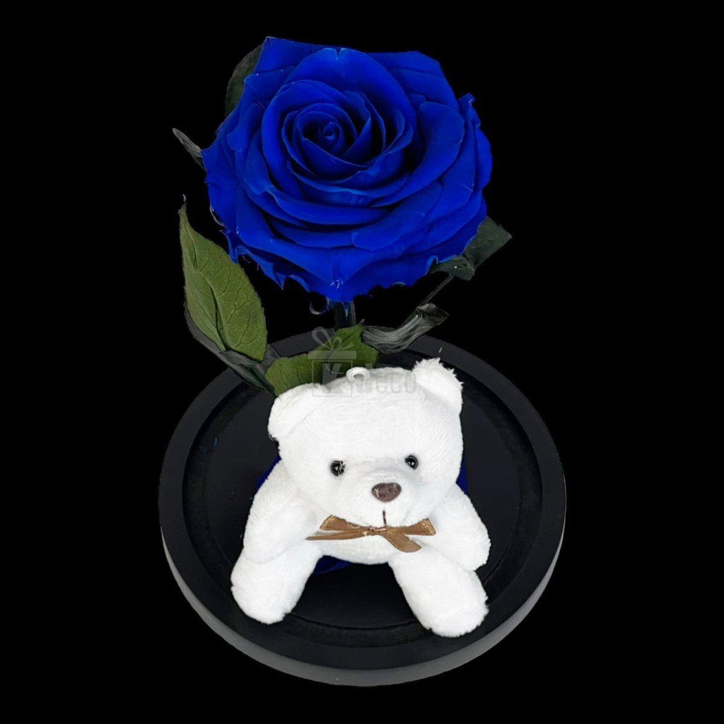 Trandafir Criogenat Premium Albastru în Cupolă de Sticlă cu Ursuleț - Kdeco.ro