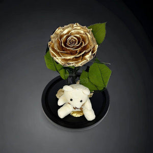 Trandafir Criogenat Bonita Auriu 9-9,5cm, Cupola de Sticla, Blat Lemn, Cu Ursulet - Kdeco.ro