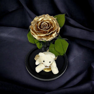Trandafir Criogenat Bonita Auriu 9-9,5cm, Cupola de Sticla, Blat Lemn, Cu Ursulet - Kdeco.ro