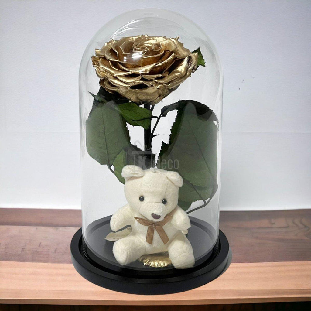 Trandafir Criogenat Bonita Auriu 9-9,5cm, Cupola de Sticla, Blat Lemn, Cu Ursulet - Kdeco.ro