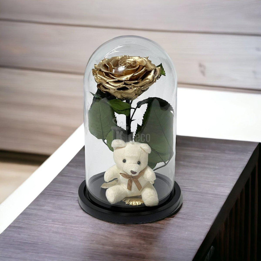 Trandafir Criogenat Bonita Auriu 9-9,5cm, Cupola de Sticla, Blat Lemn, Cu Ursulet - Kdeco.ro