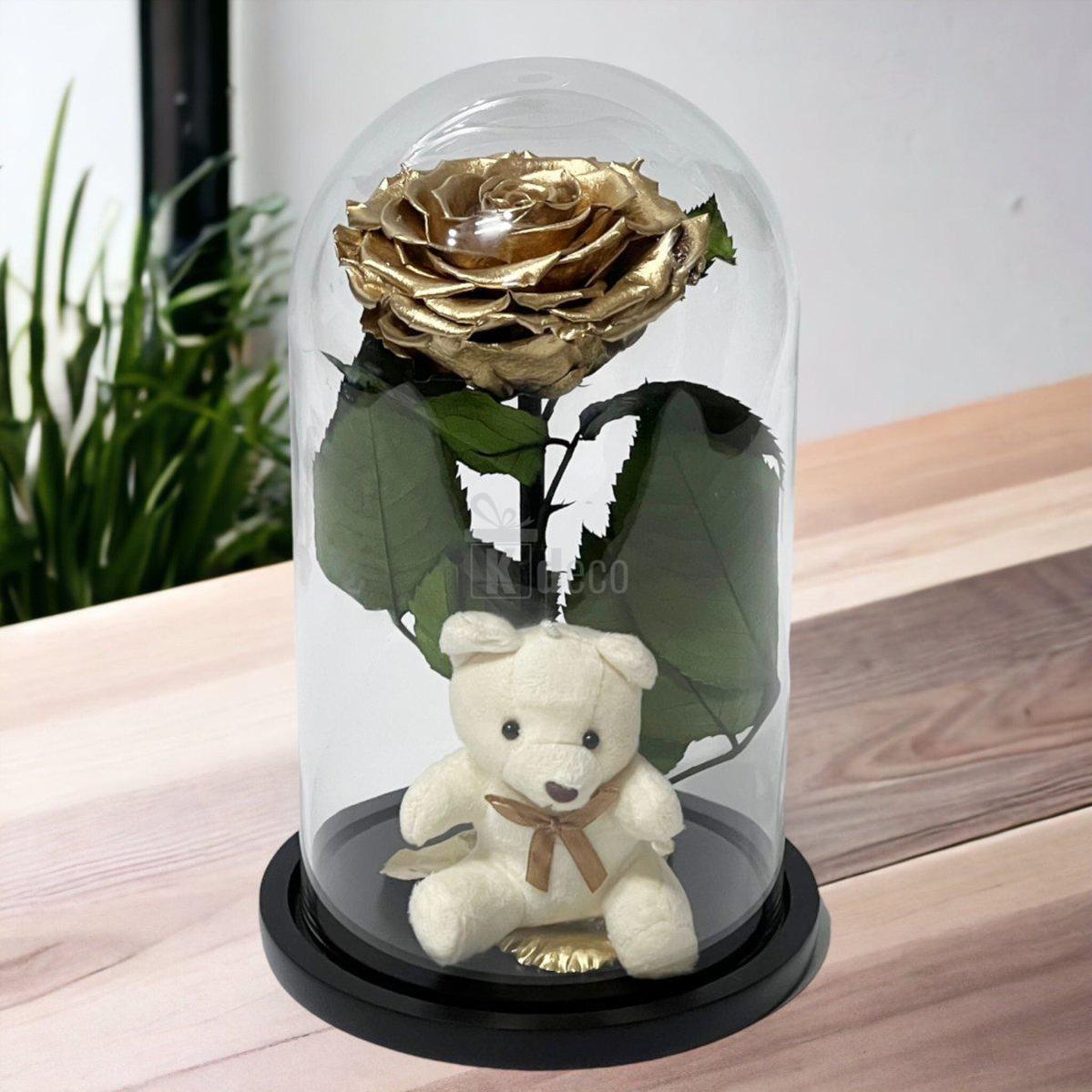 Trandafir Criogenat Bonita Auriu 9-9,5cm, Cupola de Sticla, Blat Lemn, Cu Ursulet - Kdeco.ro