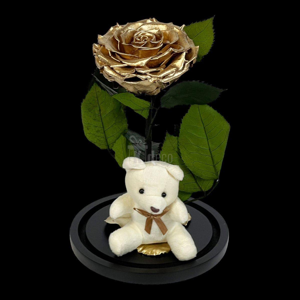 Trandafir Criogenat Bonita Auriu 9-9,5cm, Cupola de Sticla, Blat Lemn, Cu Ursulet - Kdeco.ro