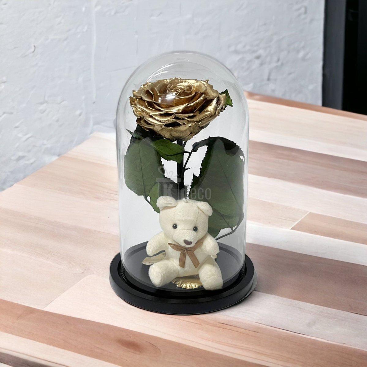 Trandafir Criogenat Bonita Auriu 9-9,5cm, Cupola de Sticla, Blat Lemn, Cu Ursulet - Kdeco.ro