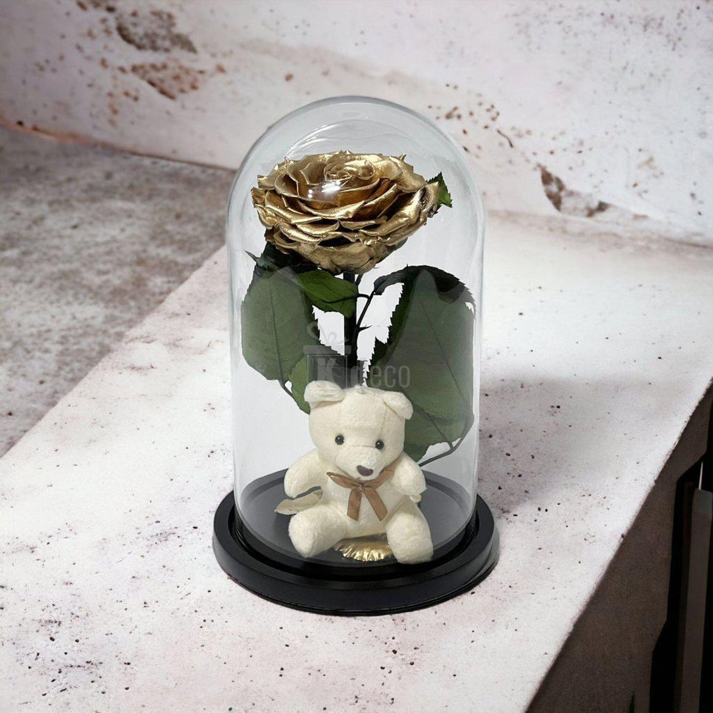 Trandafir Criogenat Bonita Auriu 9-9,5cm, Cupola de Sticla, Blat Lemn, Cu Ursulet - Kdeco.ro