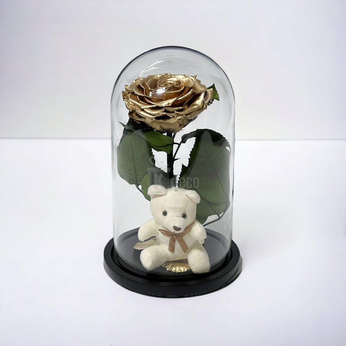 Trandafir Criogenat Bonita Auriu 9-9,5cm, Cupola de Sticla, Blat Lemn, Cu Ursulet - Kdeco.ro