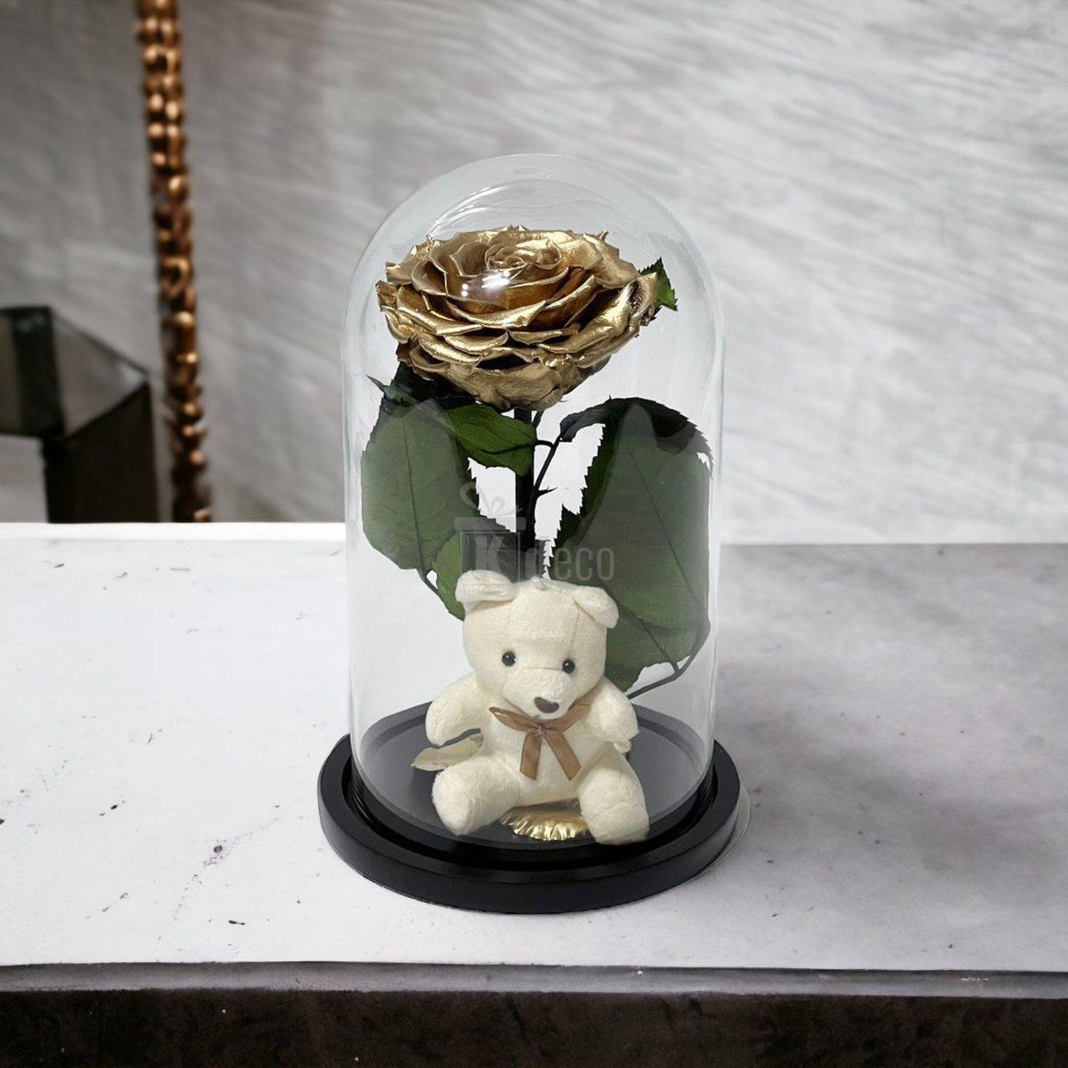 Trandafir Criogenat Bonita Auriu 9-9,5cm, Cupola de Sticla, Blat Lemn, Cu Ursulet - Kdeco.ro